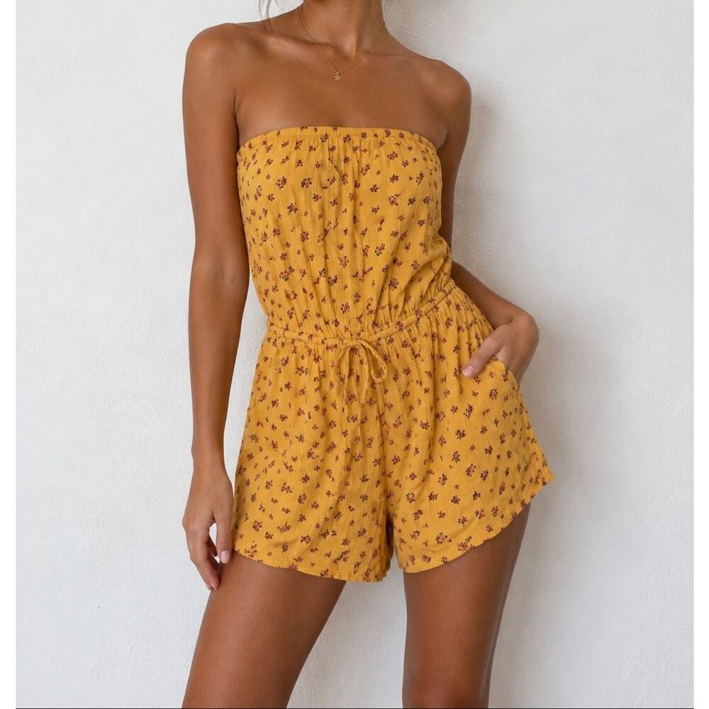 Hollister S Yellow Floral Strapless Romper Drawstring Waist Cottagecore